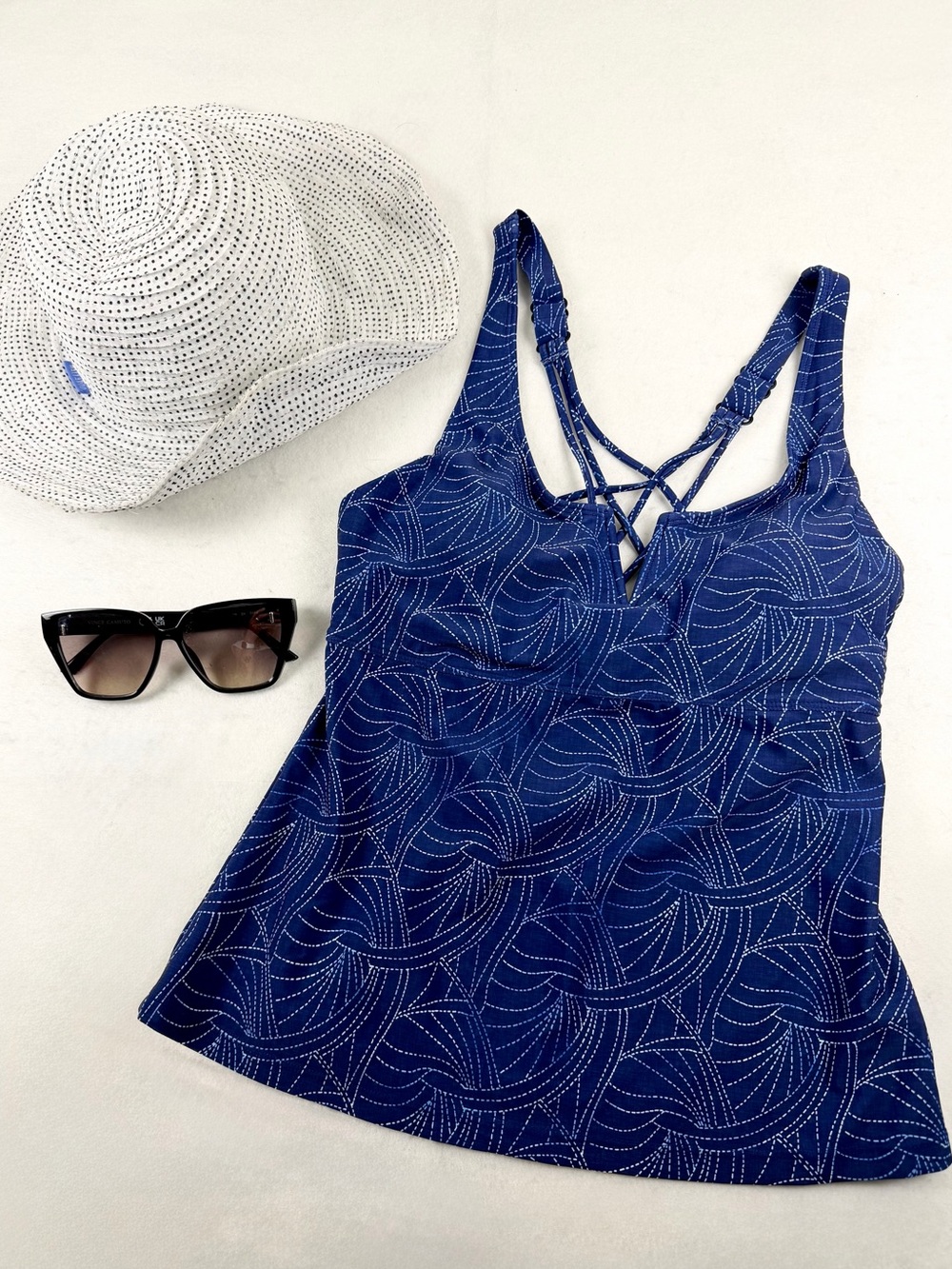 Title Nine Blue Printed Underwire Tankini Top 32D Crisscross Back Swim‎
